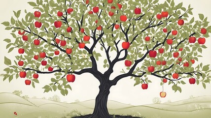 Fototapeta premium A Bountiful Apple Tree In A Rolling Green Landscape