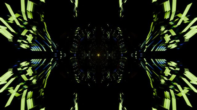 Rotating geometric forms and pulsing light in a mesmerizing VJ animation