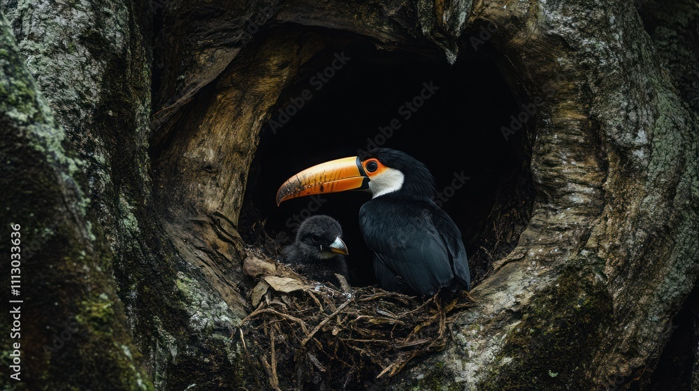 Poster a toucan and its chick in a nest within a tree hollow.
