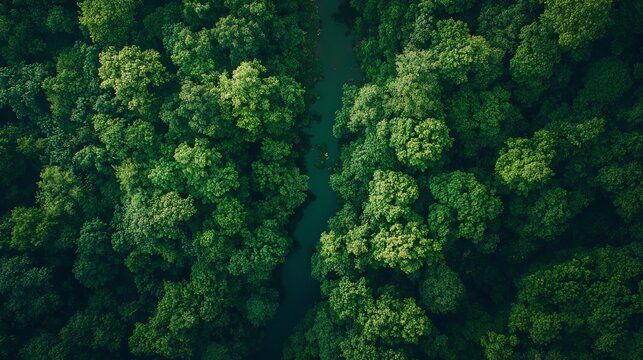 Aerial view of a river flowing through a lush green forest. - Powered by Adobe