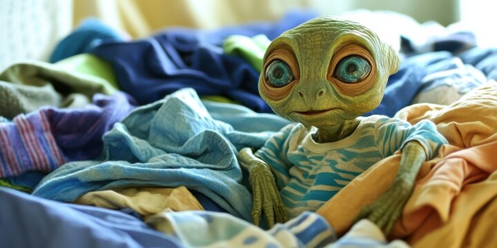 An alien trying to fold laundry, puzzled by mismatched socks