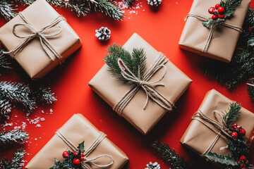 Christmas presents on red background
