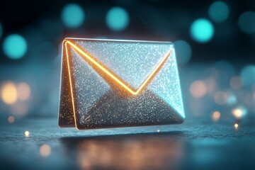 A silver envelope with a golden border is lit up