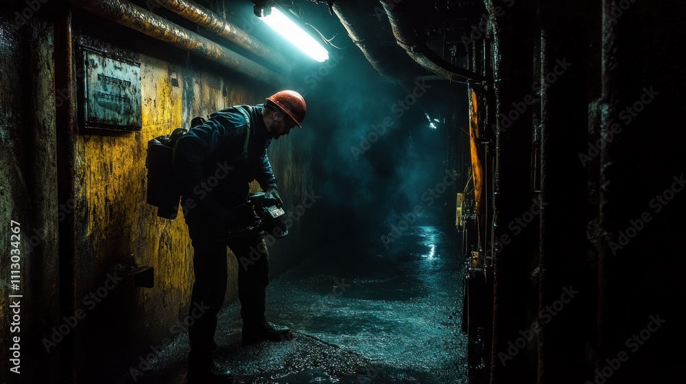 Poster a worker in a dimly lit industrial corridor, focused on a task with a tool in hand.