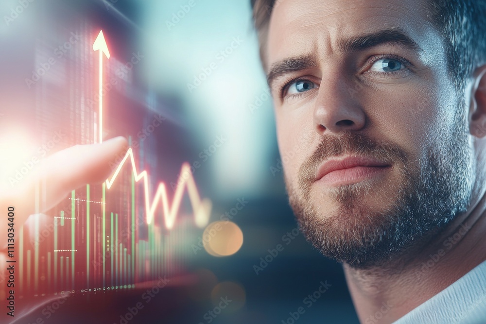 Poster a man is pointing at a graph with a red arrow