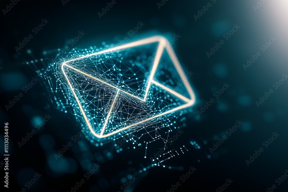 Poster a blue envelope with a yellow border is displayed on a screen