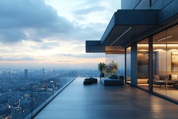 Modern balcony overlooking a cityscape at sunset, showcasing luxury living.