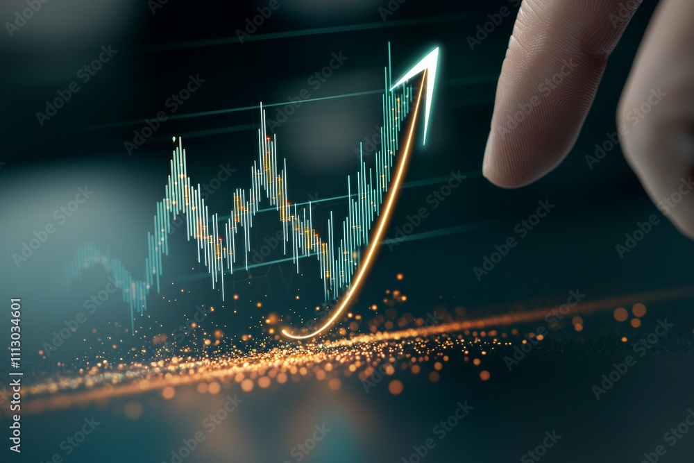 Poster a hand is pointing at a graph that shows a rising line