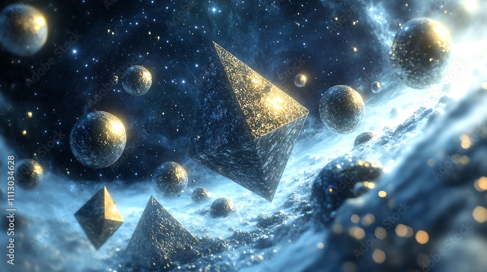 Poster metallic pyramids and spheres float in space, surrounded by a starry nebula.
