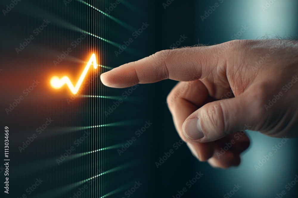 Poster a hand pointing at a graph with a line that is rising
