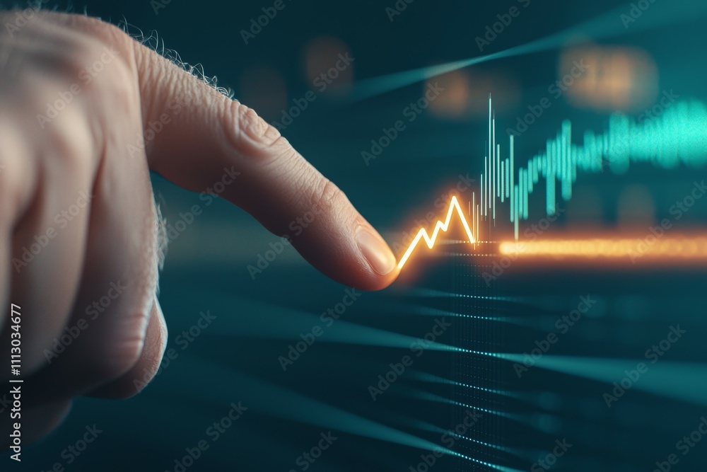 Poster a hand is pointing at a graph with a line that is rising