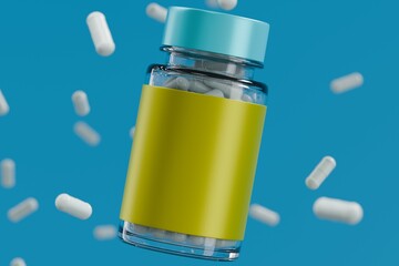 Floating Supplement Bottle with Capsules Against a Blue Background