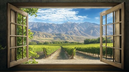 View from window at a wonderful landscape nature view with southern landscape with cypress trees and sun-drenched fields