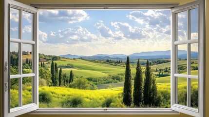View from window at a wonderful landscape nature view with southern landscape with cypress trees and sun-drenched fields