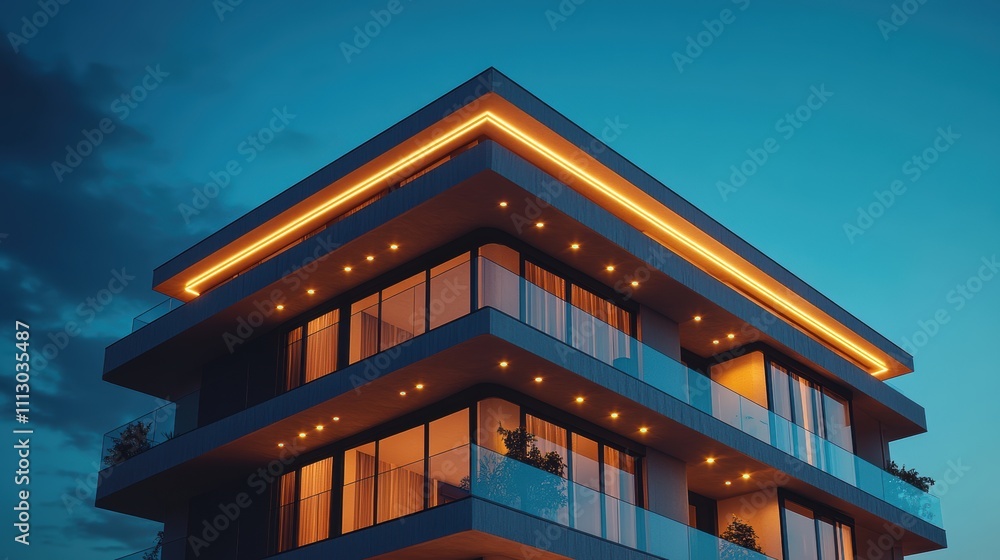 Poster modern building with illuminated edges against a twilight sky.