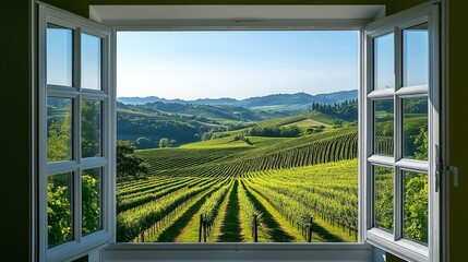 Fototapeta premium View from window at a wonderful landscape nature view with southern landscape with cypress trees and sun-drenched fields