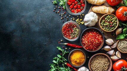 Assorted spices and fresh herbs arranged on a dark surface