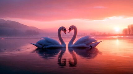 Fototapeta premium Swans Forming Heart with Necks in Dreamy Scene