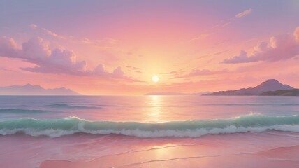 Fototapeta premium Serene Pink Sunset Over Ocean Waves And Mountains