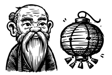 samurai portrait illustration in engraving style – black vector