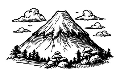 hand-drawn line art of a snowy mountain surrounded by clouds and pines