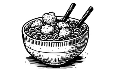 traditional asian noodle bowl in monochrome black vector art