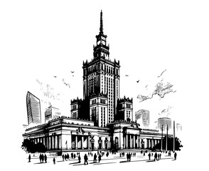 Fototapeta premium palace of culture and science in hand-drawn black vector illustration