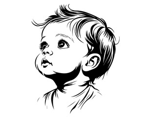 adorable baby portrait with heart in hand-drawn style black vecto