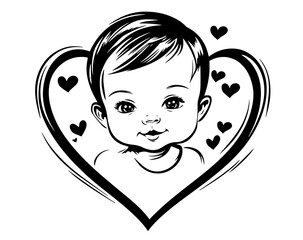 adorable baby portrait with heart in hand-drawn style black vecto