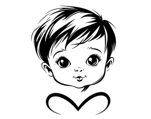 adorable baby portrait with heart in hand-drawn style black vecto