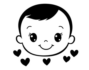 adorable baby portrait with heart in hand-drawn style black vecto