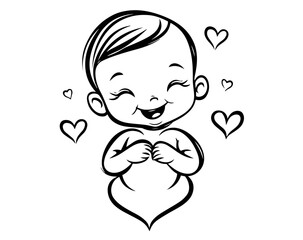 adorable baby back with heart icon in sketch style 