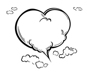 hand-drawn heart surrounded by fluffy clouds – black vector