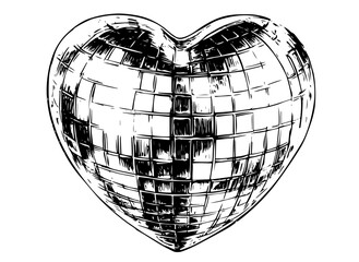 mirrored heart with disco ball pattern in monochrome black vector design