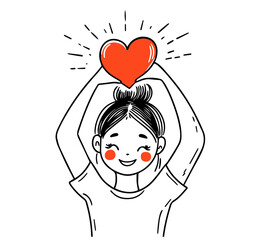 cheerful young woman with love heart in minimalist sketch style vector