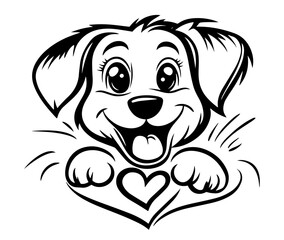 cute puppy holding a heart in hand-drawn black vector illustration