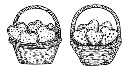 vintage-inspired heart cookie baskets in linocut-style illustration