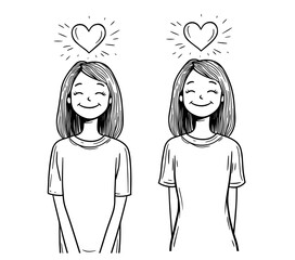 cute and minimalist illustration of happy girls with hearts, black and white