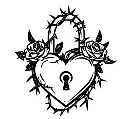 decorative heart padlock designs with flowers and thorns black vector illustration