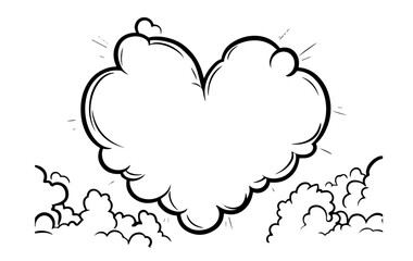black and white cartoon-style heart cloud with sky elements