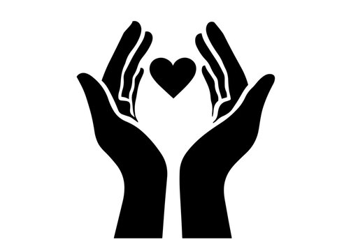 black and white icon of hands cradling a heart for support