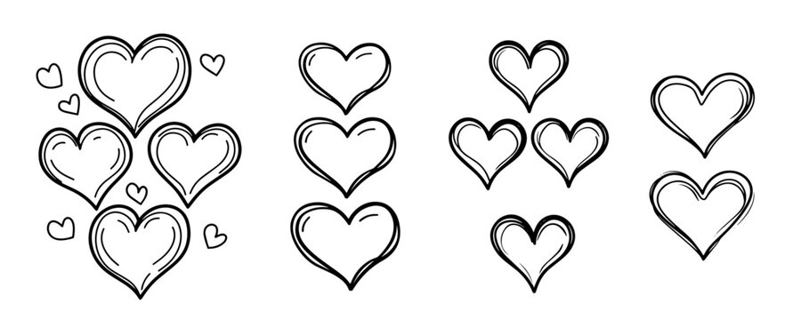 romantic hand-drawn heart patterns in black vector art
