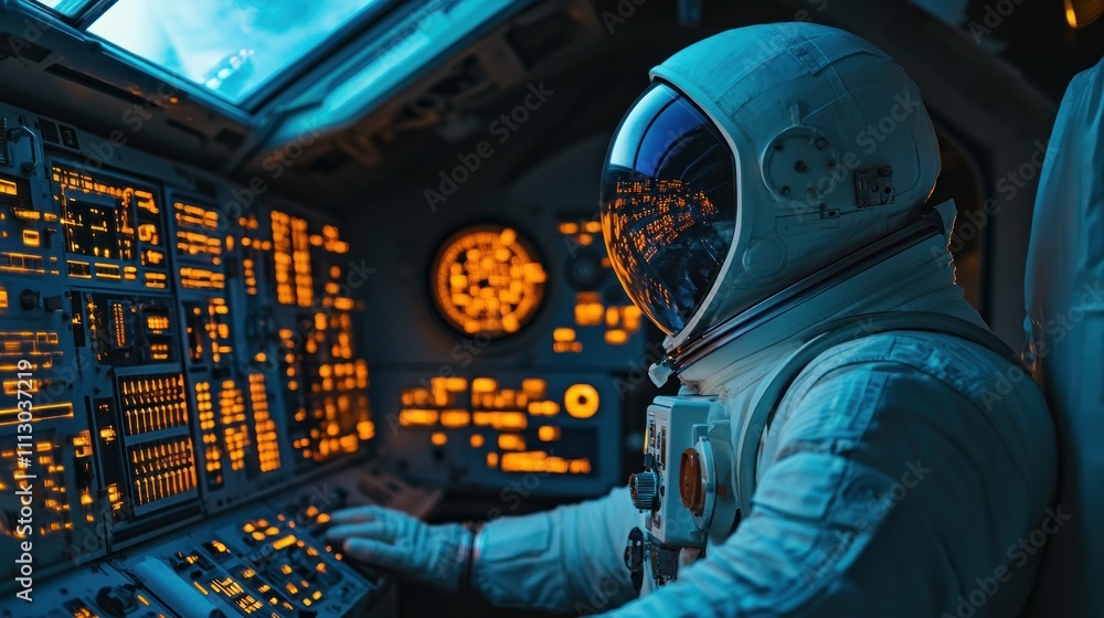 Poster astronaut operating spacecraft controls with illuminated displays.