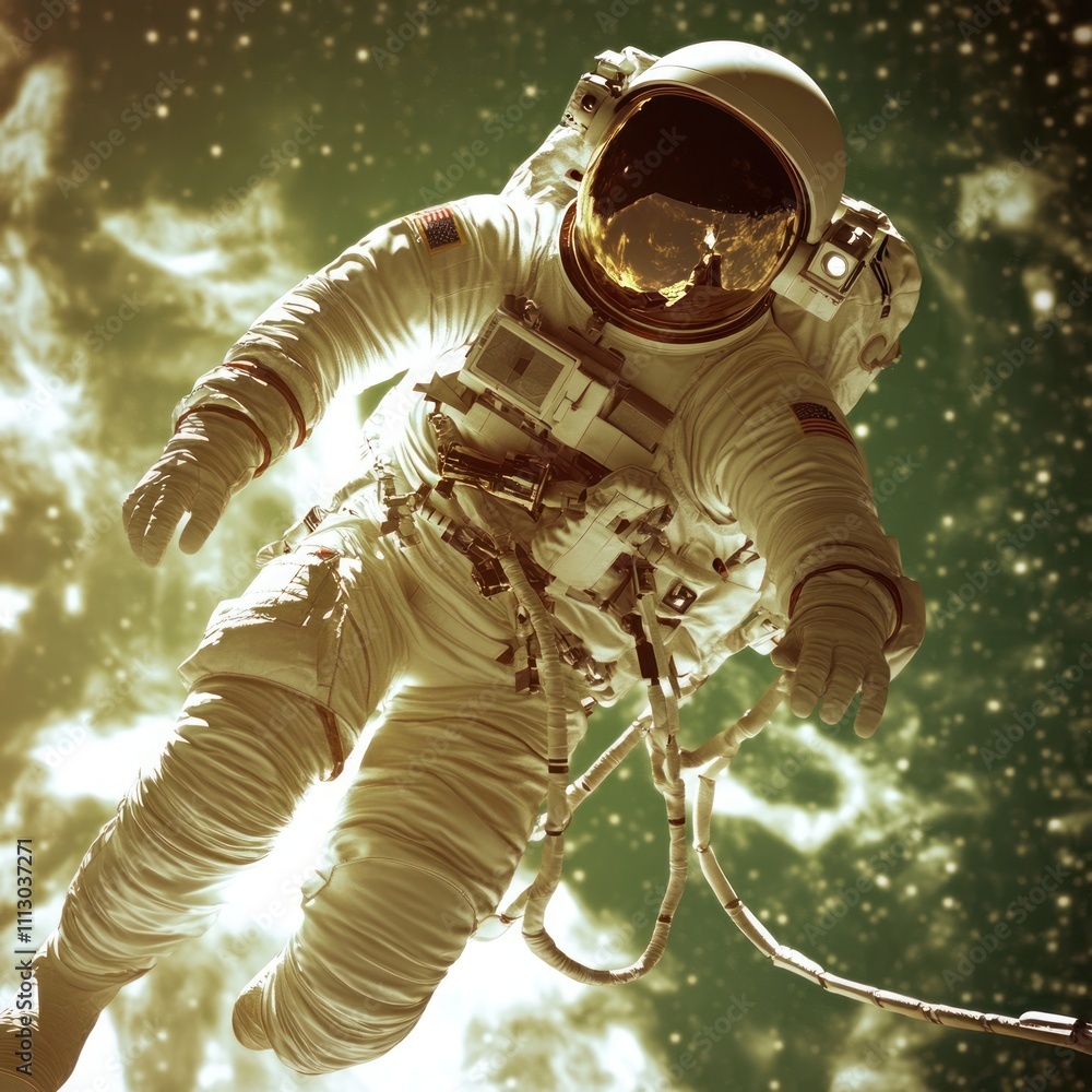 Poster an astronaut floating in space, surrounded by stars and cosmic elements.