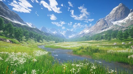 Serene Mountain Valley Stream And Wildflowers