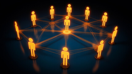 Connected glowing people network with central hub on dark background