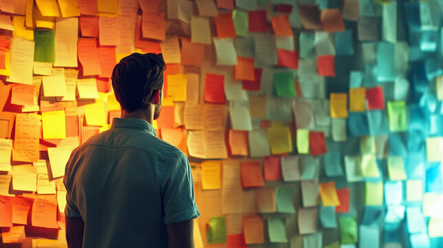 Person looking at colorful sticky notes wall arrangement in rainbow order