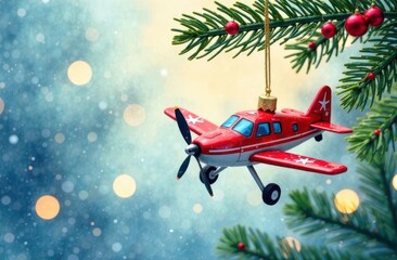 Red plane as ornament bauble hanging on Christmas tree. Greeting card for aviation industry and pilots. Toy shop concept