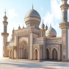 Obraz premium Impressive 3D model of mosque exterior. Beautiful architecture with intricate details. Islamic design features prominent domes, minarets. Peaceful, majestic building. Architectural vision suitable