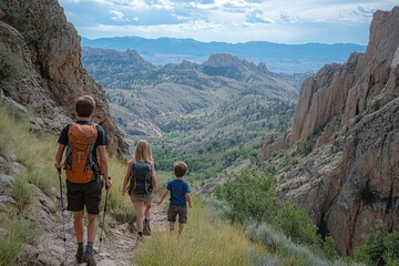 Obraz premium Family hiking in the mountains enjoying scenic views